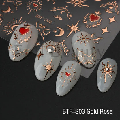 Bronzing Heart Stickers for Nails Gold Sliver Laser Butterfly Star Moon Adhesive Sliders DIY Nail Art  Accessories Deco GLBTF-S