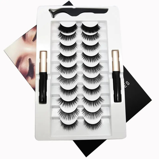 10 Pairs False eyelashes Magnetic Artificial Eyelashes Extension  Eyelashes on magnets Liquid Eyeliner Tweezer Set