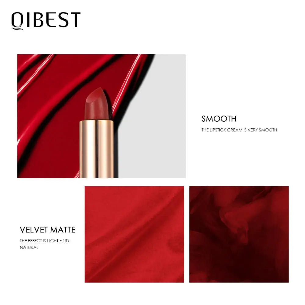 QIBEST Waterproof Lipstick Long Lasting Matte Lip Makeup 11 Colors Velvet Red Lip Tint Cosmetics Red Pink Nude Lipstick Batom