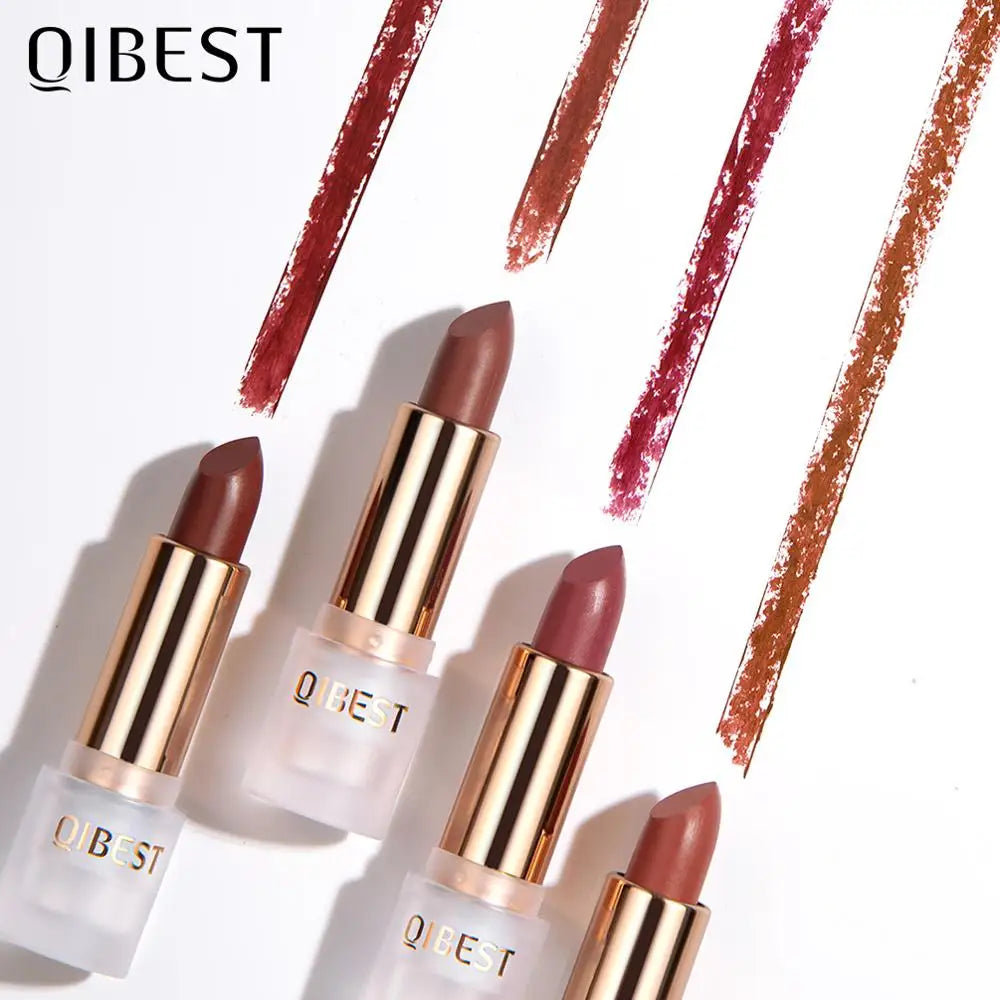 QIBEST Waterproof Lipstick Long Lasting Matte Lip Makeup 11 Colors Velvet Red Lip Tint Cosmetics Red Pink Nude Lipstick Batom