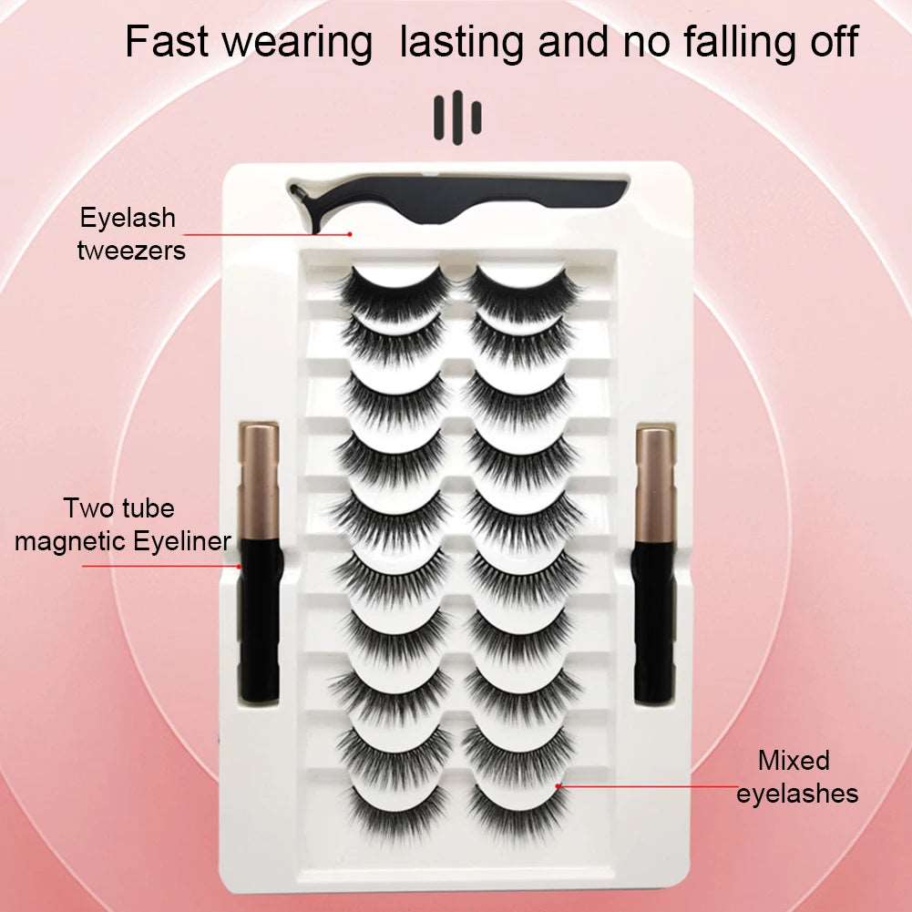 10 Pairs False eyelashes Magnetic Artificial Eyelashes Extension  Eyelashes on magnets Liquid Eyeliner Tweezer Set