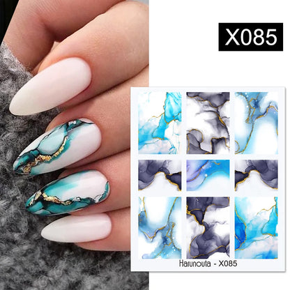 Harunouta Black Lines Flower Leaves Water Decals Stickers Floral Face Marble Pattern Slider For Nails Summer Nail Art Decoration