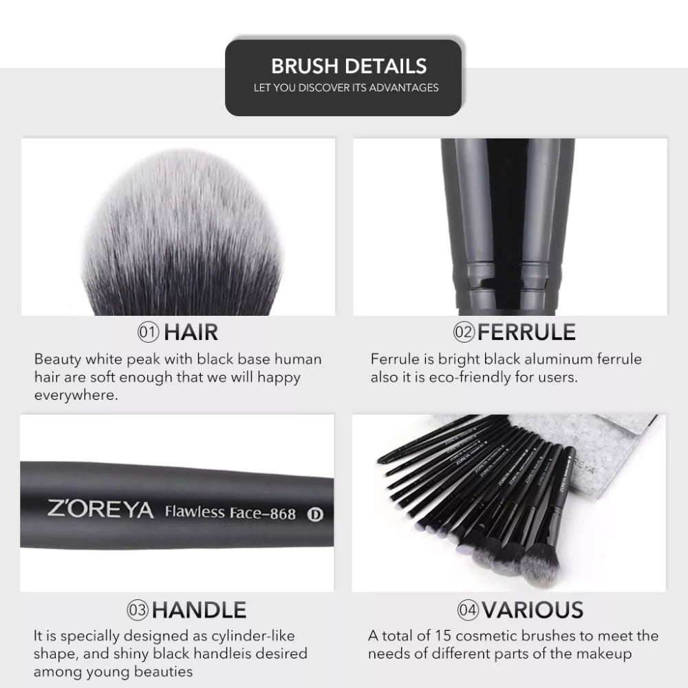 ZOREYA 15 Pcs Luxury Balck Makeup Brushes Set Tools Professional Brushes Foundation Powder Eyeliner Eyeshadow Make up Brushes