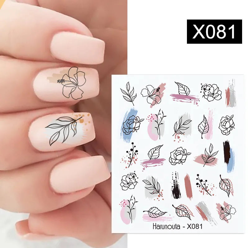 Harunouta Black Lines Flower Leaves Water Decals Stickers Floral Face Marble Pattern Slider For Nails Summer Nail Art Decoration