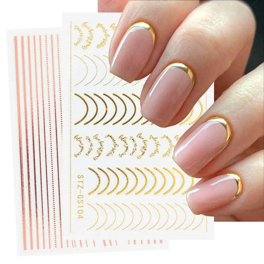 3D Simple Lines Nail Stickers Rose Gold Metal Stripe Letters Decals Curve Gel Nails Art Sliders Polish Manicure Decor BESTZGS014