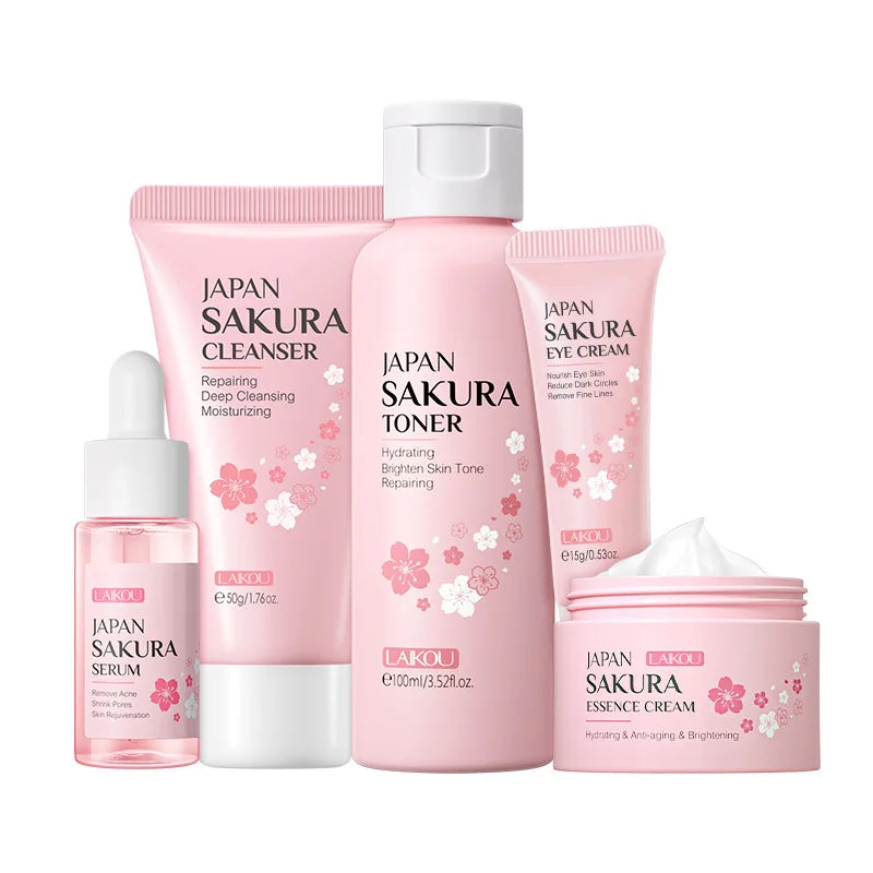 5pcs/set LAIKOU Sakura Face Care Sets Moisturizing Anti-aging Face Eye Cream Serum Toner Facial Cleanser Skin Care Products