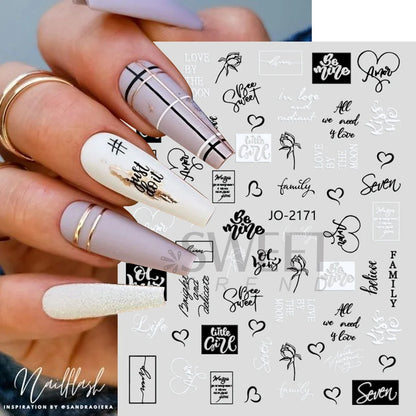 Black White Letters Nail Sticker Abstract Face Label Sliders for Nails Art Decoration DIY Word Design UV Gel Charms SAJO-2173