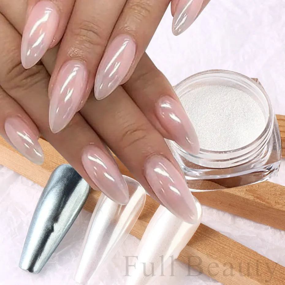 White Chrome Pearl Nails Powder Pigment Aurora Laser Silver Effect Rubbing Dust Glitter Iridescent Gel Polish Manicure