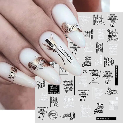 Black White Letters Nail Sticker Abstract Face Label Sliders for Nails Art Decoration DIY Word Design UV Gel Charms SAJO-2173