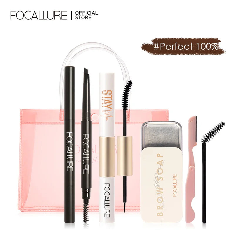 FOCALLURE 4 Pcs Makeup Set Include Eyebrow Shaping Gel Eyebrow Pencil Double Head Black Mascara Women's Cosmetics Kit With Bags