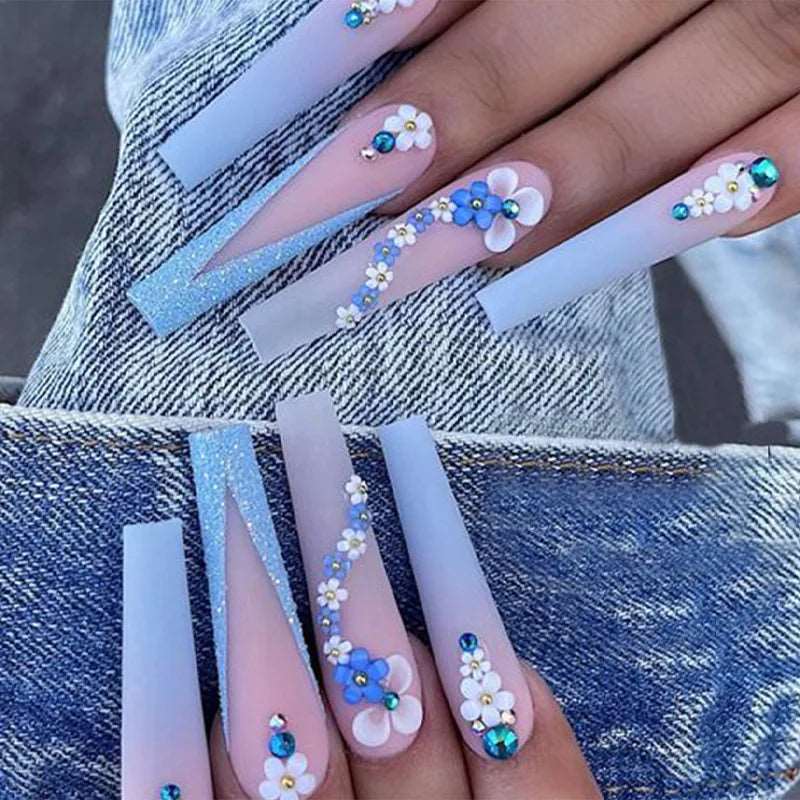 24Pcs Long Ballerina Press on Nail Detachable French False Nails Five-pointed Star Design Coffin Fake Nial Tips with Rhinestone