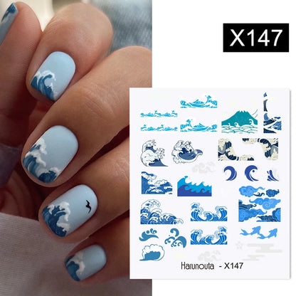 Harunouta Royalblue Blooming Smoke Watercolor Stickers Press on Nails Marble Design Water Decals Golden Wave Drawing Nail Slider
