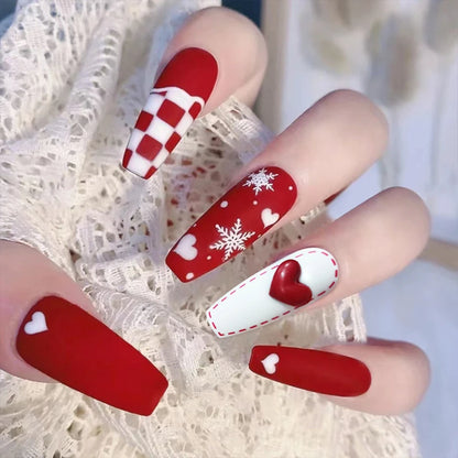 Christmas Press on False Nails Snow Print Fashion Tip Fake Nail 24 Pcs/Set Women Stick on Nail Art Acrylic Red & White Nails