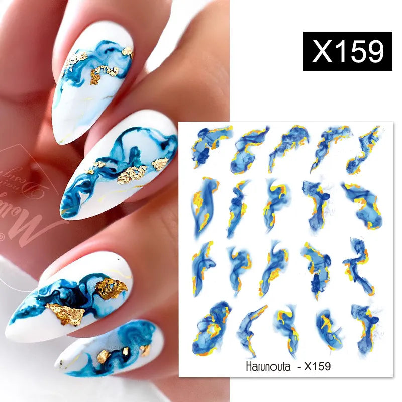 Harunouta Royalblue Blooming Smoke Watercolor Stickers Press on Nails Marble Design Water Decals Golden Wave Drawing Nail Slider