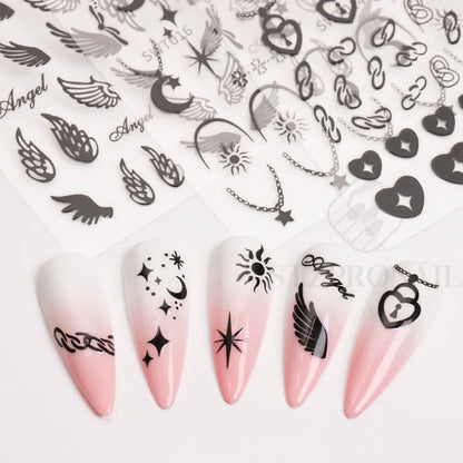 Sliver Nails Stickers Mental Sun Moon Star Lock Angel Wing Decals Nail Charms 3D Adhesive Sliders Spring Decor Accessories SLSWT