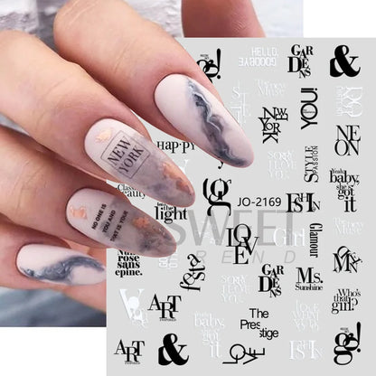 Black White Letters Nail Sticker Abstract Face Label Sliders for Nails Art Decoration DIY Word Design UV Gel Charms SAJO-2173