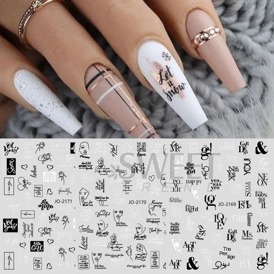 Black White Letters Nail Sticker Abstract Face Label Sliders for Nails Art Decoration DIY Word Design UV Gel Charms SAJO-2173