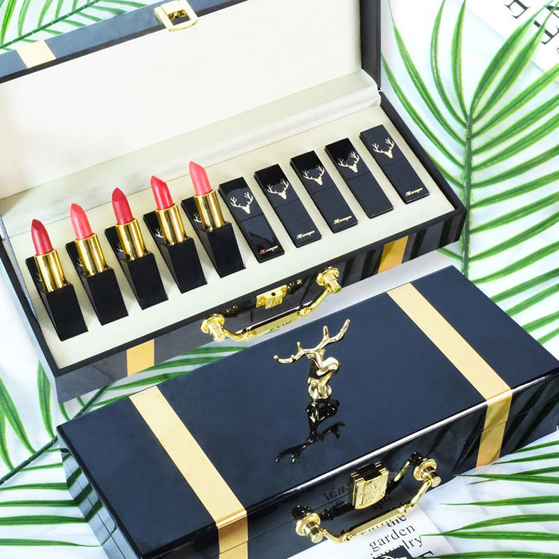 Christmas Lipstick Set Wooden Box Lip Gloss Collection Not Easy to Fade Moisturizing Nude Makeup Kit Birthday Gift 10 Pcs