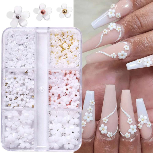 3D White Acrylic Flower For Nails Resin Charms Gold Beads Caviar Nail Decorations Mixed Rhinestones Kawaii Accessories GLSZCT150