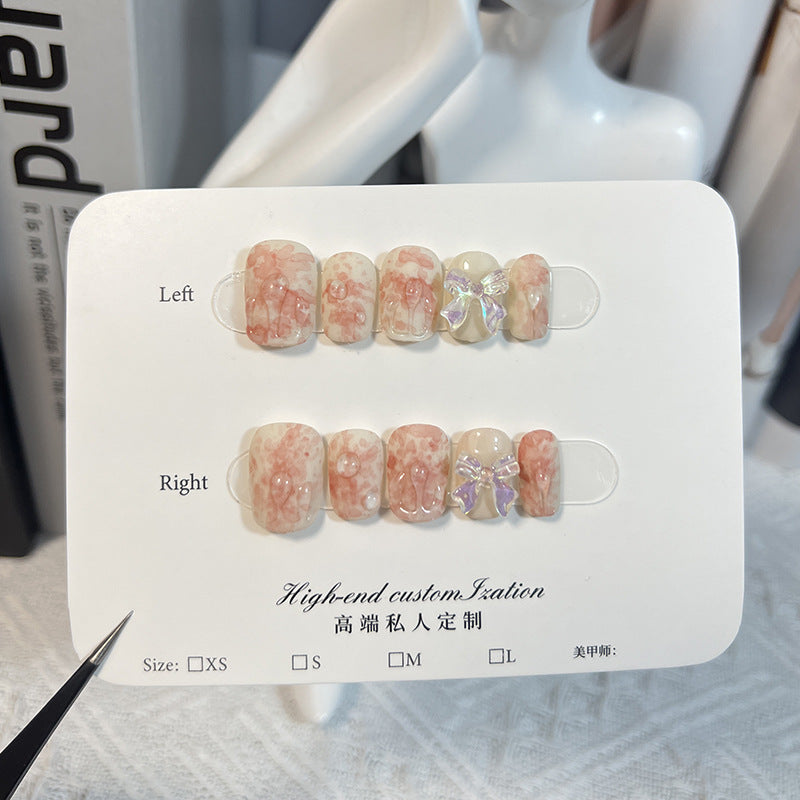 Watercolor dizzy dyeing sweet and cute bow short nail patch fake nails small fresh handmade wear nail wholesale
