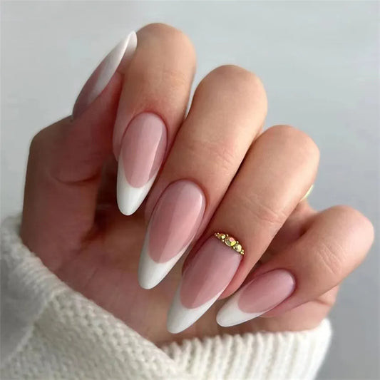 24Pcs/Set Medium Long Almond Fake Nails with Diamonds White Edge Oval Shiny Artificial Removable Reusable Press on Acrylic Nails