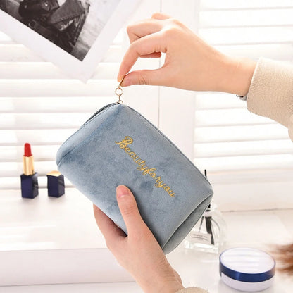 1 Pc Women Zipper Velvet Make Up Bag Travel Large Cosmetic Bag for Makeup Solid Color Female Make Up Pouch Necessaries Bag