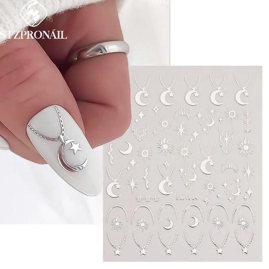 Sliver Nails Stickers Mental Sun Moon Star Lock Angel Wing Decals Nail Charms 3D Adhesive Sliders Spring Decor Accessories